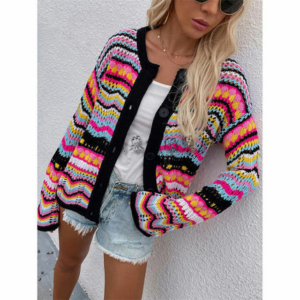 Women's Rainbow Knit Button Cardigan Sweater Long Sleeve Multicolor Striped Sweater Cardigan Jacket