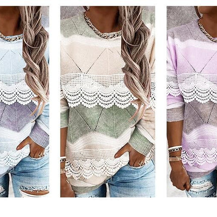 Women's Long Sleeve Lace Lace Crew Neck Knit Top Ice Cream Color Pullover Sweater