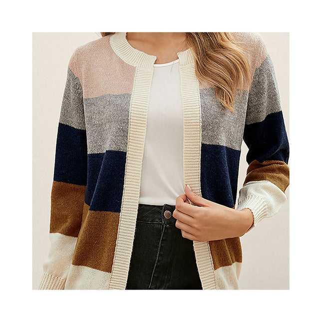 Women's Long Sleeve Short Colorblocked Knit Cardigan Casual Loose Basic Knit Jacket