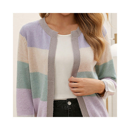 Women's Long Sleeve Short Colorblocked Knit Cardigan Casual Loose Basic Knit Jacket