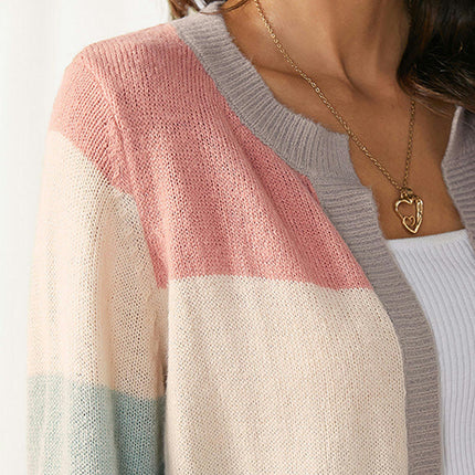 Women's Long Sleeve Short Colorblocked Knit Cardigan Casual Loose Basic Knit Jacket