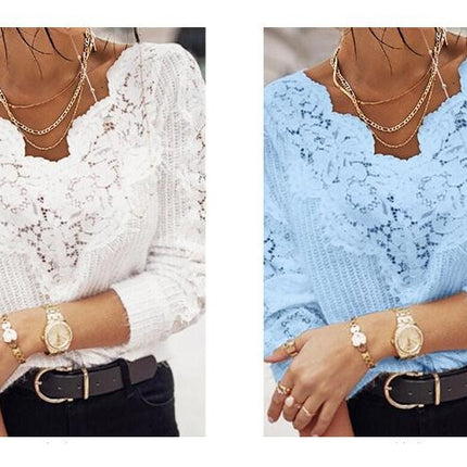 Womens Casual Crewneck Long Lace Patchwork Sleeve Sweater Knitted Pullover