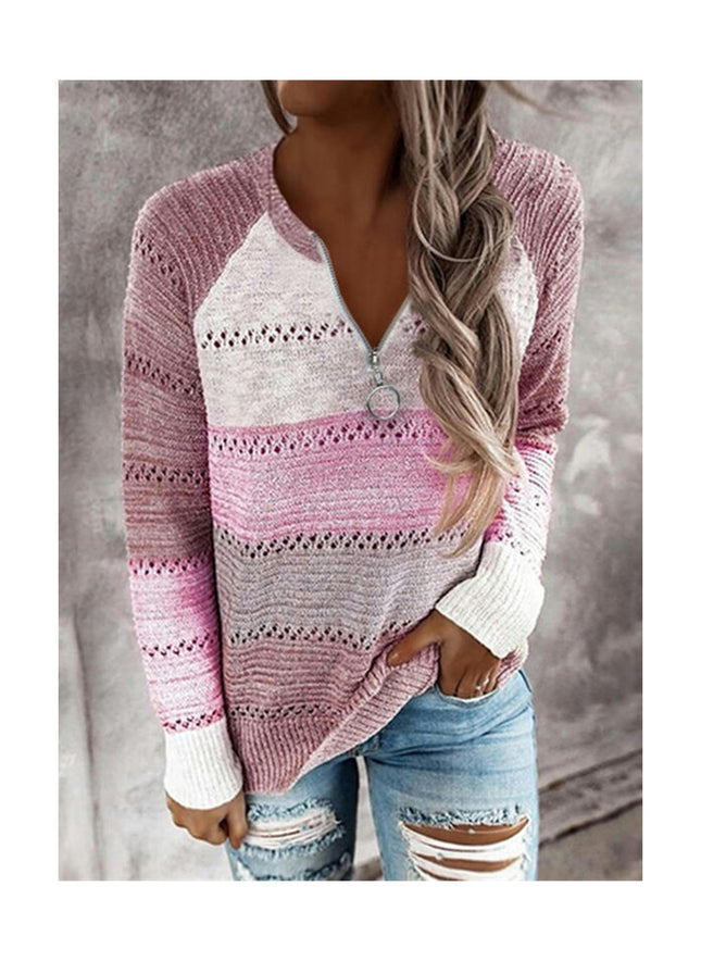 Women's Long Sleeve Color Clash Hollow Knit Sweater Half Open Zipper Knit Pullover Top