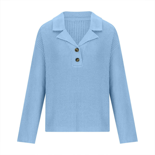 Women's Button V Neck Collar Sweatshirt Long Sleeve Ribbed Knit Pullover Tops