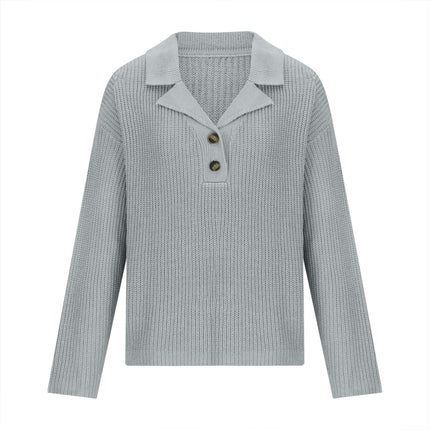 Women's Button V Neck Collar Sweatshirt Long Sleeve Ribbed Knit Pullover Tops