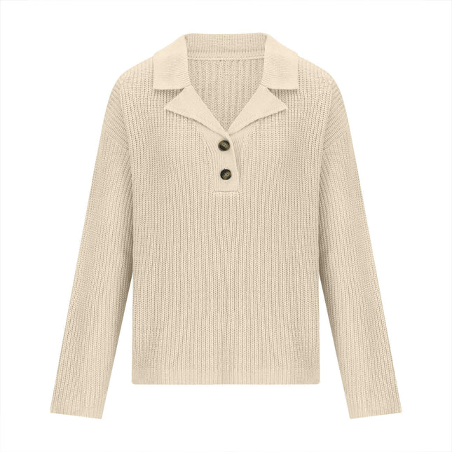 Women's Button V Neck Collar Sweatshirt Long Sleeve Ribbed Knit Pullover Tops
