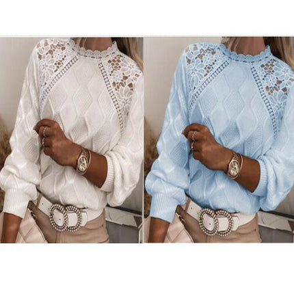 Women's Pullover Lace Neck Lace Shoulder Sweater Top Temperament Slim Knitwear