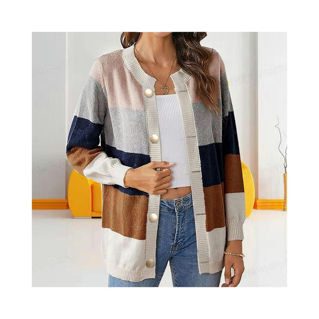 Women's Color Block Knitted Sweater Round Neck Loose Buttonless Cardigan