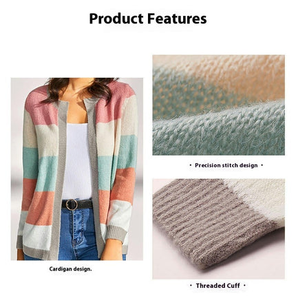 Women's Color Block Knitted Sweater Round Neck Loose Buttonless Cardigan