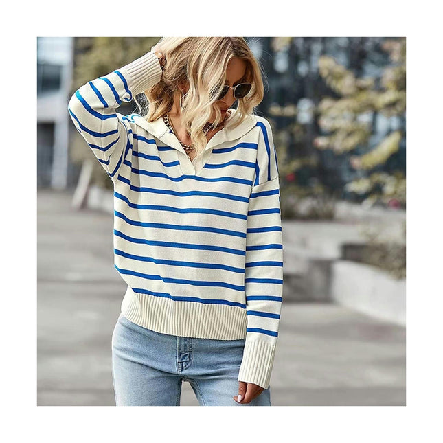 Women's Long Sleeve Knitted Casual Lapel Striped Knitted Top