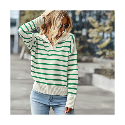 Women's Long Sleeve Knitted Casual Lapel Striped Knitted Top