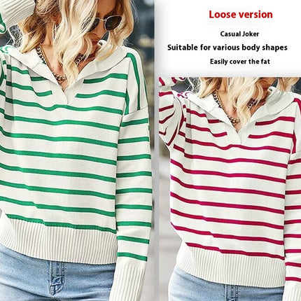 Women's Long Sleeve Knitted Casual Lapel Striped Knitted Top