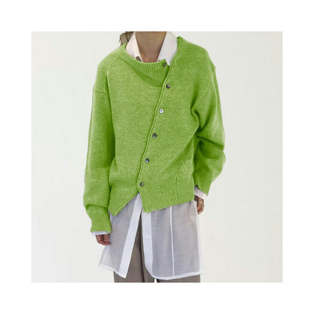 Women's Irregular Lazy Style Sweater Cardigan Round Neck Knitted Jacket with Diagonal Buttons