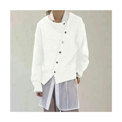 Women's Irregular Lazy Style Sweater Cardigan Round Neck Knitted Jacket with Diagonal Buttons