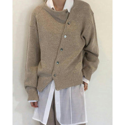 Women's Irregular Lazy Style Sweater Cardigan Round Neck Knitted Jacket with Diagonal Buttons