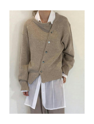Women's Irregular Lazy Style Sweater Cardigan Round Neck Knitted Jacket with Diagonal Buttons