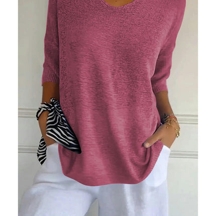 Women's Summer Spring Casual 3/4 Sleeve Solid Color V-Neck Loose Pullover Knit Sweater Top