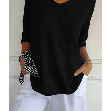 Women's Summer Spring Casual 3/4 Sleeve Solid Color V-Neck Loose Pullover Knit Sweater Top