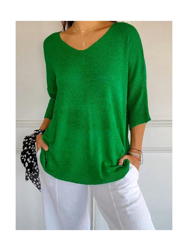 Women's Summer Spring Casual 3/4 Sleeve Solid Color V-Neck Loose Pullover Knit Sweater Top