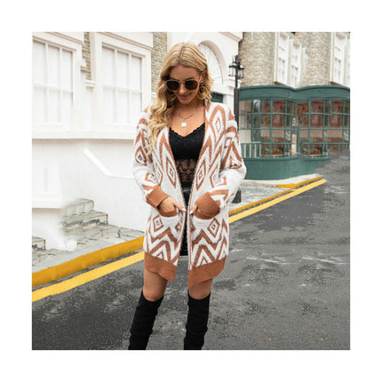 Women's Retro Mid-Length Cardigan Rhombus Knit Sweater Jacket with Pockets