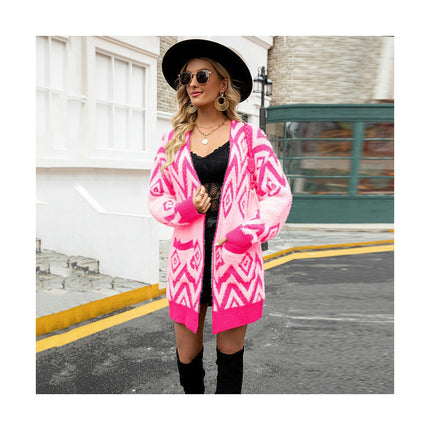 Women's Retro Mid-Length Cardigan Rhombus Knit Sweater Jacket with Pockets