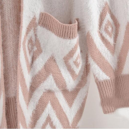 Women's Retro Mid-Length Cardigan Rhombus Knit Sweater Jacket with Pockets