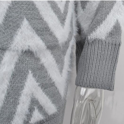 Women's Retro Mid-Length Cardigan Rhombus Knit Sweater Jacket with Pockets