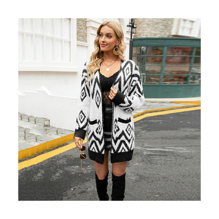 Women's Retro Mid-Length Cardigan Rhombus Knit Sweater Jacket with Pockets