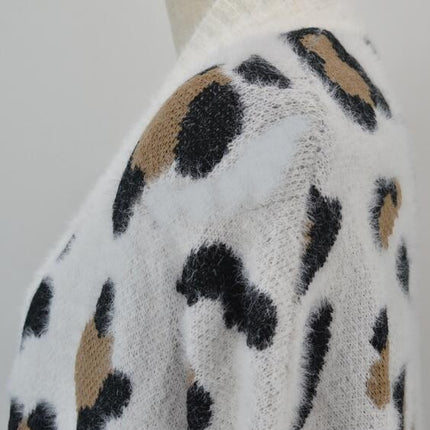 Women's Cardigan Jacket Extra Long Ribbed Cuffs Fashion Leopard Knit Sweater Sweater