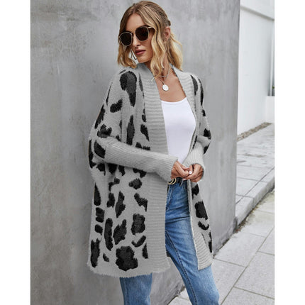 Women's Cardigan Jacket Extra Long Ribbed Cuffs Fashion Leopard Knit Sweater Sweater