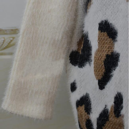 Women's Cardigan Jacket Extra Long Ribbed Cuffs Fashion Leopard Knit Sweater Sweater
