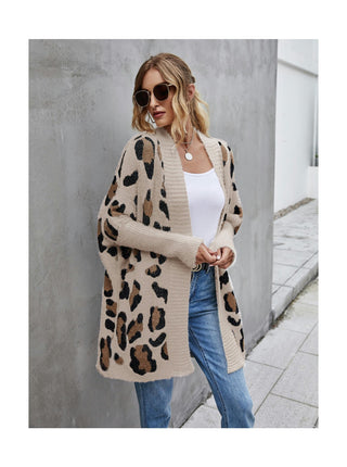 Women's Cardigan Jacket Extra Long Ribbed Cuffs Fashion Leopard Knit Sweater Sweater