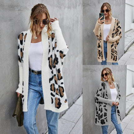 Women's Cardigan Jacket Extra Long Ribbed Cuffs Fashion Leopard Knit Sweater Sweater
