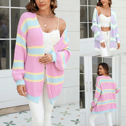 Colorful Long Sleeve Big Size Patchwork Fashion Cardigan Women Sweater Jacket