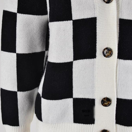 Women's Square Plaid Sweater Button Patchwork Cardigan Top Knit Jacket
