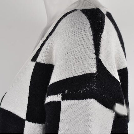 Women's Square Plaid Sweater Button Patchwork Cardigan Top Knit Jacket