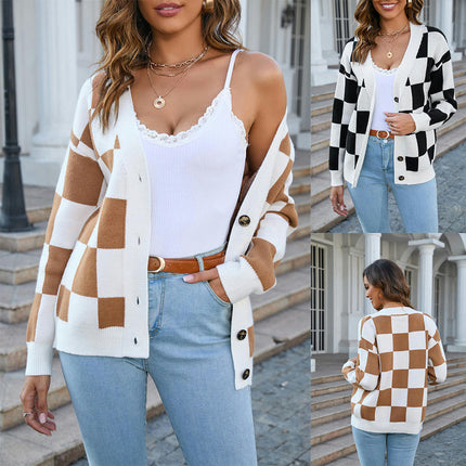 Women's Square Plaid Sweater Button Patchwork Cardigan Top Knit Jacket