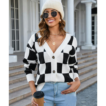 Women's Square Plaid Sweater Button Patchwork Cardigan Top Knit Jacket