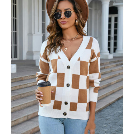 Women's Square Plaid Sweater Button Patchwork Cardigan Top Knit Jacket