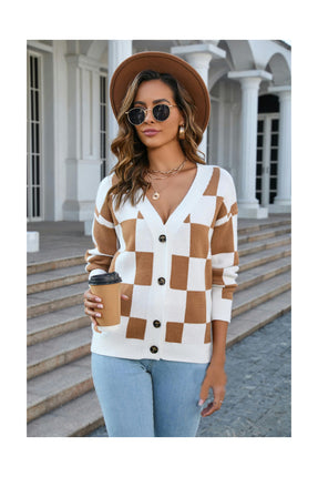 Women's Square Plaid Sweater Button Patchwork Cardigan Top Knit Jacket