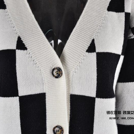 Women's Square Plaid Sweater Button Patchwork Cardigan Top Knit Jacket