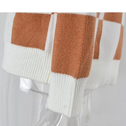 Women's Square Plaid Sweater Button Patchwork Cardigan Top Knit Jacket