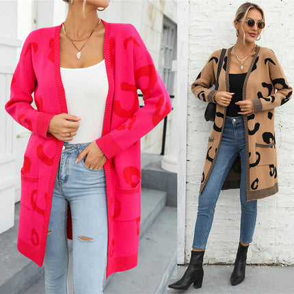 Women's Leopard Print Knit Sweater Large Size Medium Long Cardigan Fashion Sweater Jacket