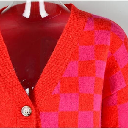 Women's Plaid Patchwork Cardigan Sweater Basic Knit Top V-Neck Jacket