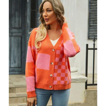Women's Plaid Patchwork Cardigan Sweater Basic Knit Top V-Neck Jacket