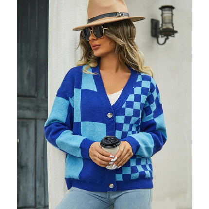 Women's Plaid Patchwork Cardigan Sweater Basic Knit Top V-Neck Jacket