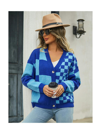 Women's Plaid Patchwork Cardigan Sweater Basic Knit Top V-Neck Jacket