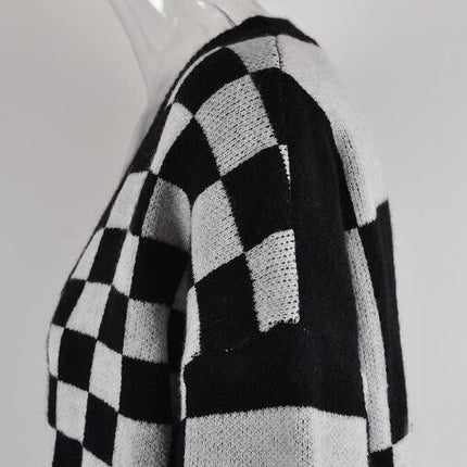 Women's Plaid Patchwork Cardigan Sweater Basic Knit Top V-Neck Jacket