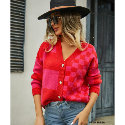 Women's Plaid Patchwork Cardigan Sweater Basic Knit Top V-Neck Jacket