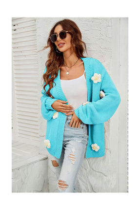 Women's Lantern Sleeve Floral Cardigan Sweater Knit Top V-Neck Jacket